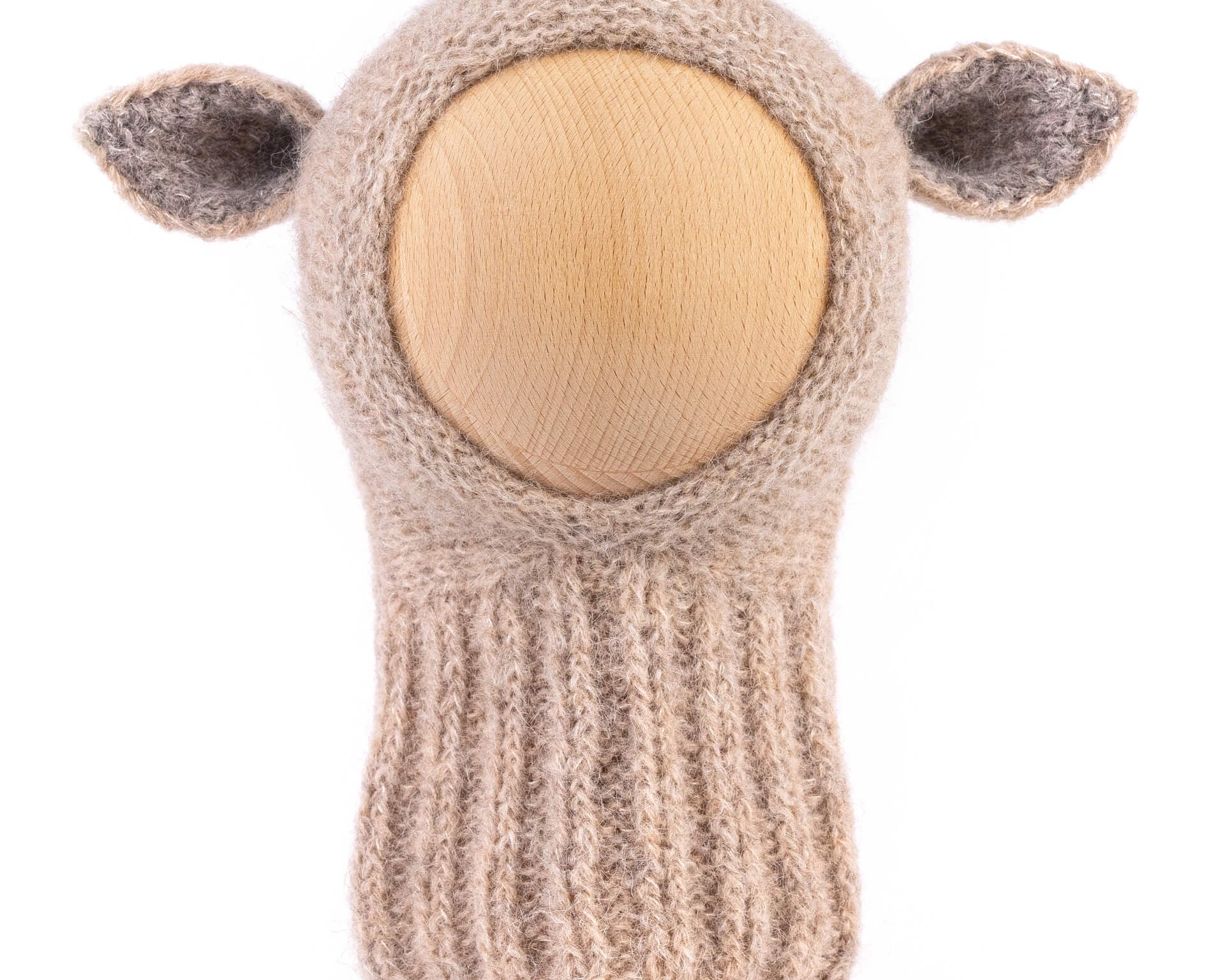Hand-knitted toddler balaclava in Light Beige made of soft alpaca wool and silk with animal ears.