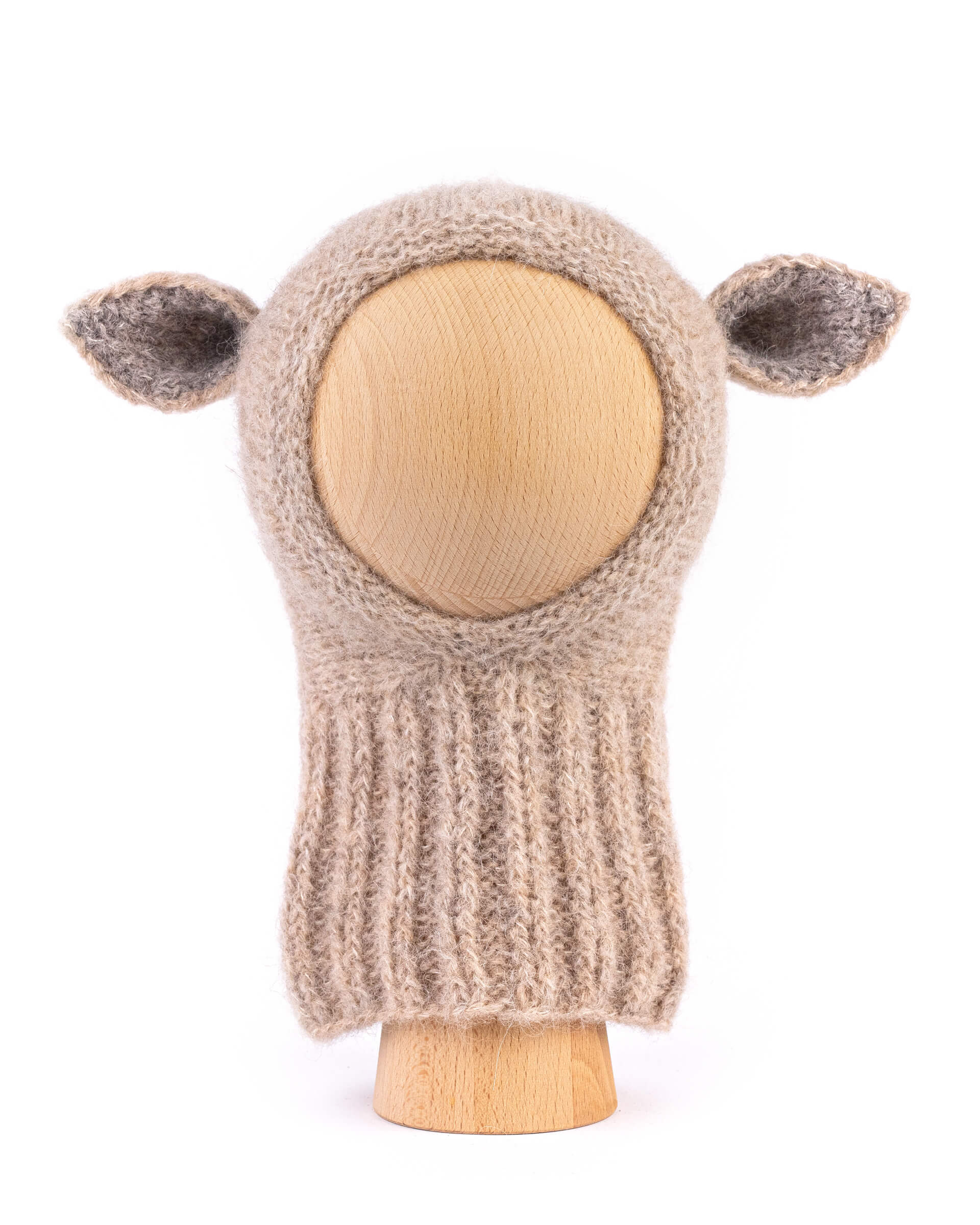 Hand-knitted toddler balaclava in Light Beige made of soft alpaca wool and silk with animal ears.