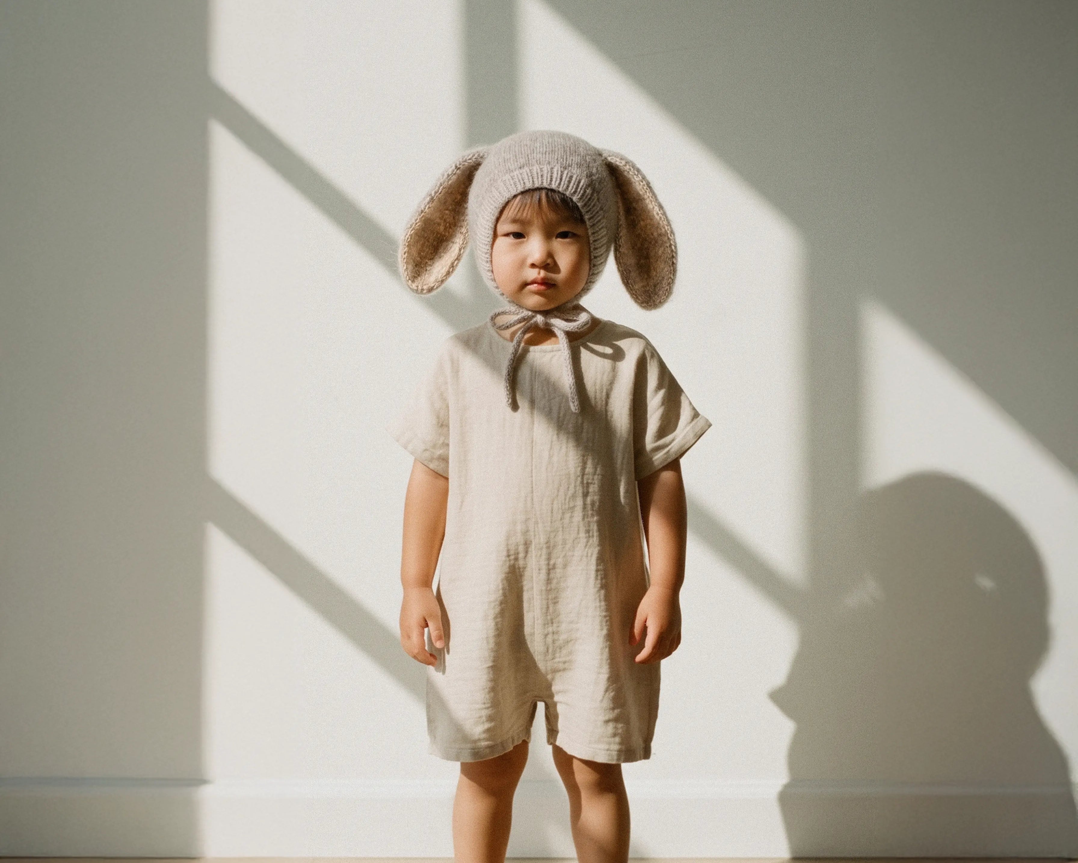 A toddler stands barefoot in a sunlit room wearing a cream-colored short-sleeve romper and a matching knit bunny-ear bonnet. Strong window shadows are cast on the wall and floor.
