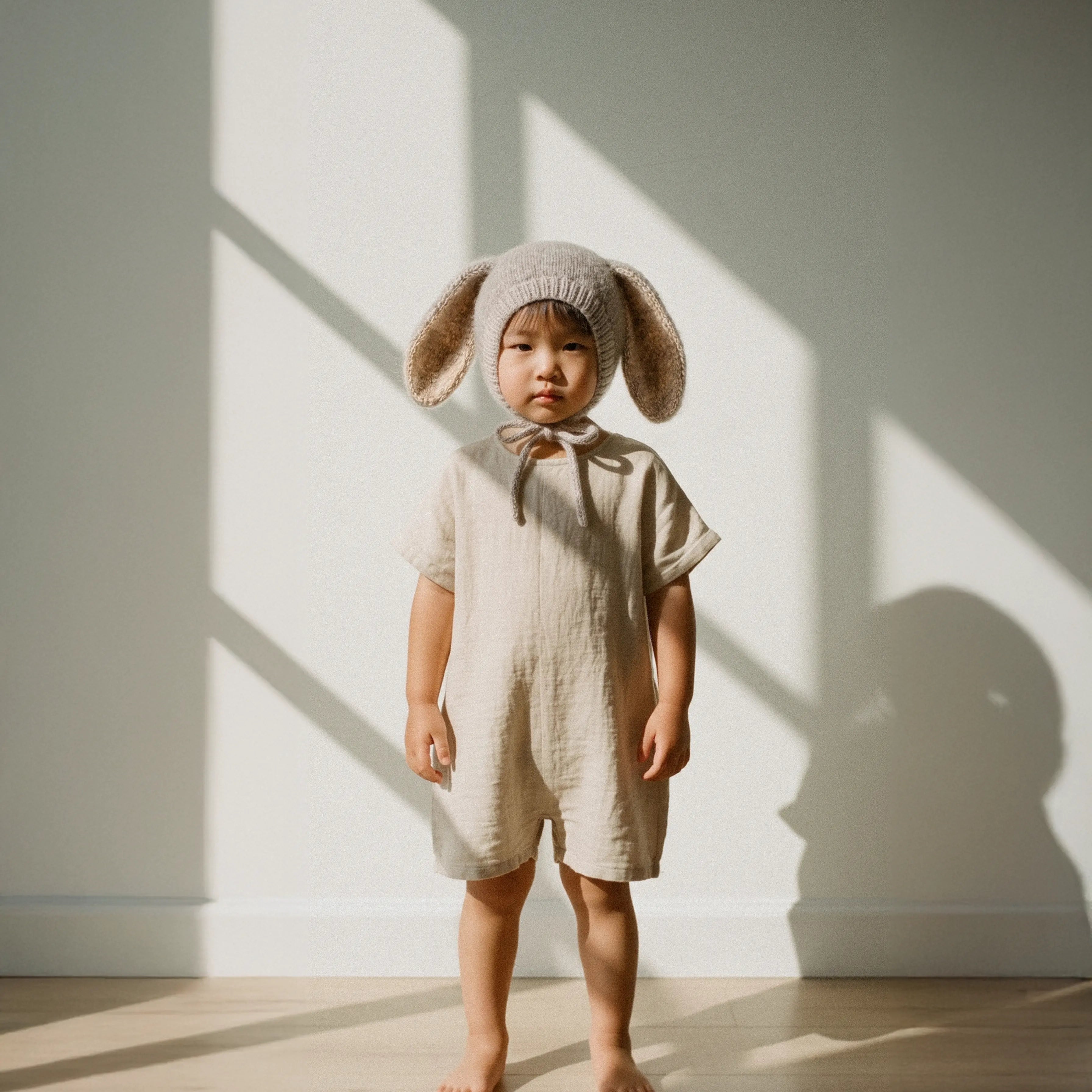 A toddler stands barefoot in a sunlit room wearing a cream-colored short-sleeve romper and a matching knit bunny-ear bonnet. Strong window shadows are cast on the wall and floor.