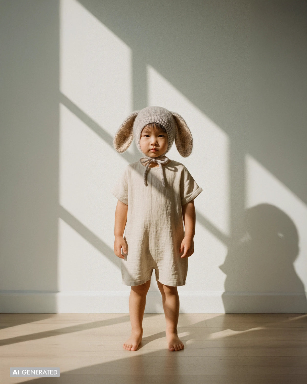 A toddler stands barefoot in a sunlit room wearing a cream-colored short-sleeve romper and a matching knit bunny-ear bonnet. Strong window shadows are cast on the wall and floor.
