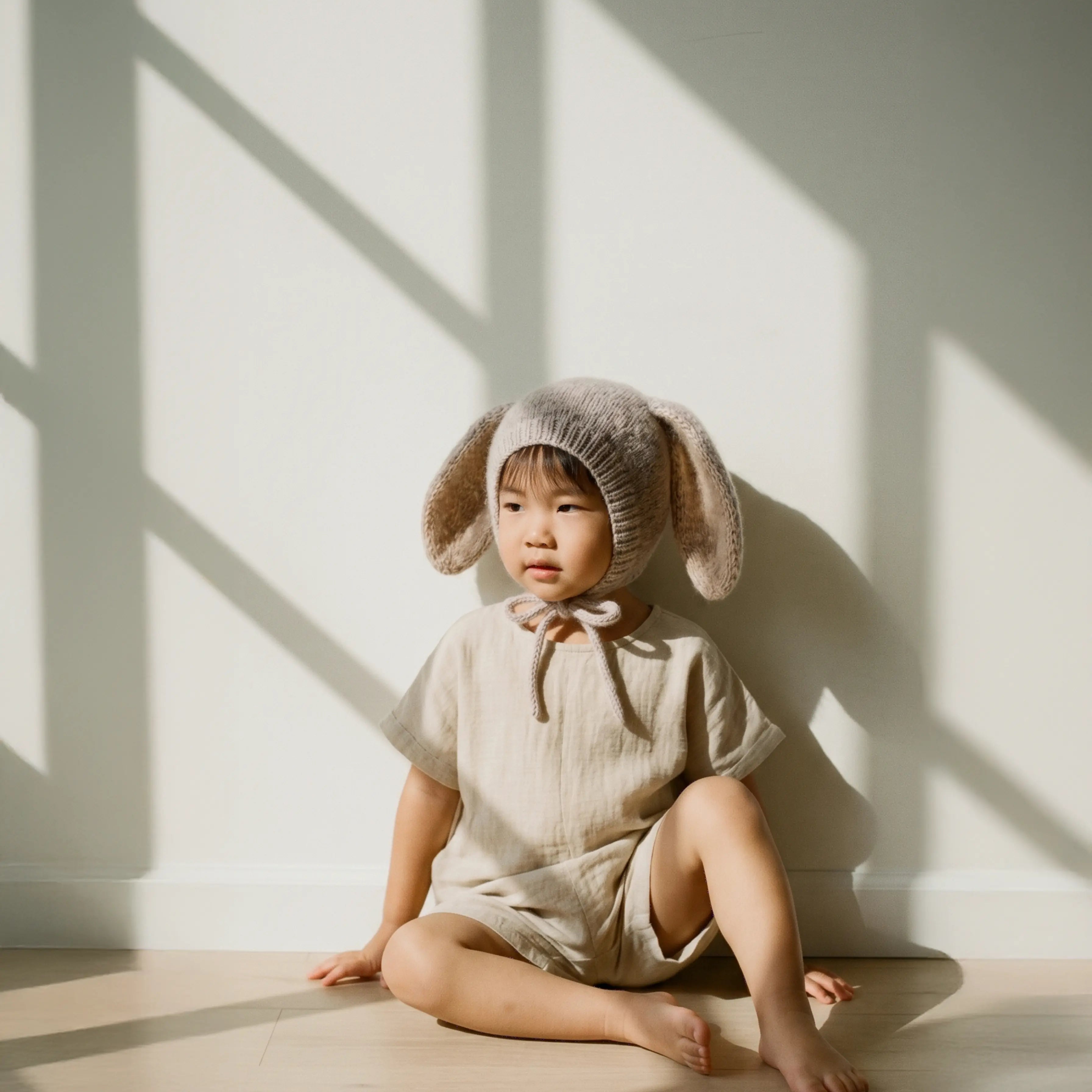 A toddler sits barefoot on a light wood floor against a white wall, wearing a beige linen romper and a fuzzy bunny-ear bonnet. Strong diagonal sunlight casts shadows across the wall and floor.