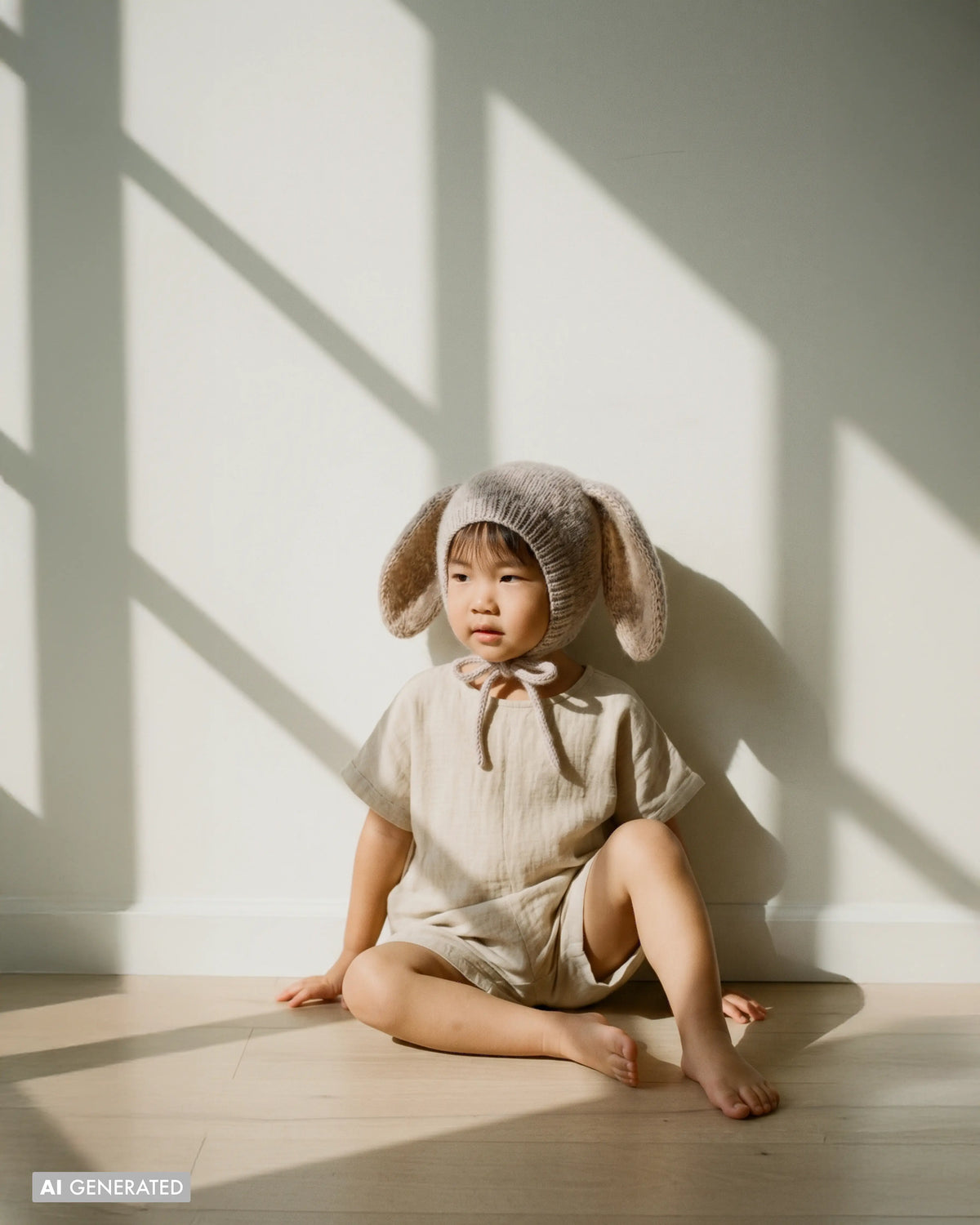 A toddler sits barefoot on a light wood floor against a white wall, wearing a beige linen romper and a fuzzy bunny-ear bonnet. Strong diagonal sunlight casts shadows across the wall and floor.