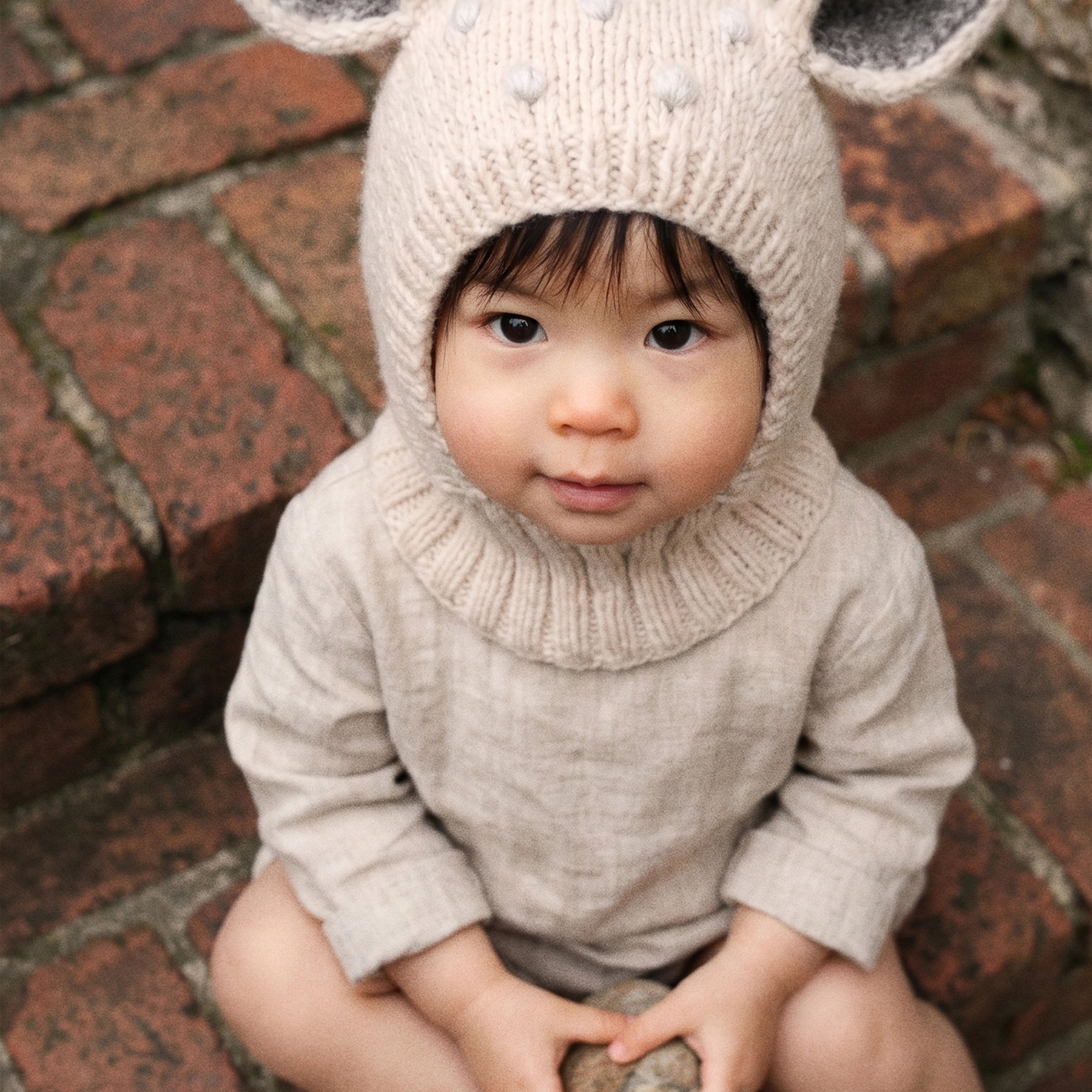A baby wearing a beige knit animal hood with long ears and a ruffled collar, sitting on red brick steps and holding a small stone.