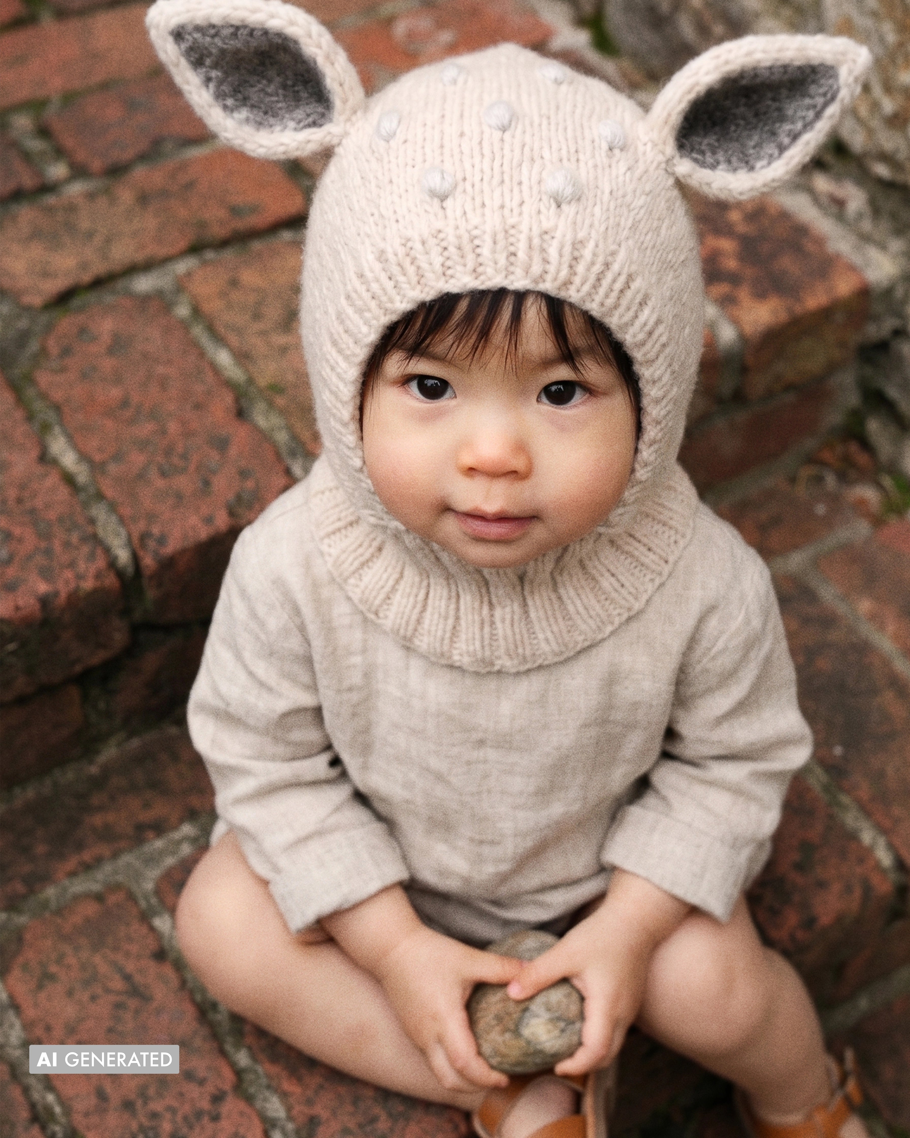 A baby wearing a beige knit animal hood with long ears and a ruffled collar, sitting on red brick steps and holding a small stone.