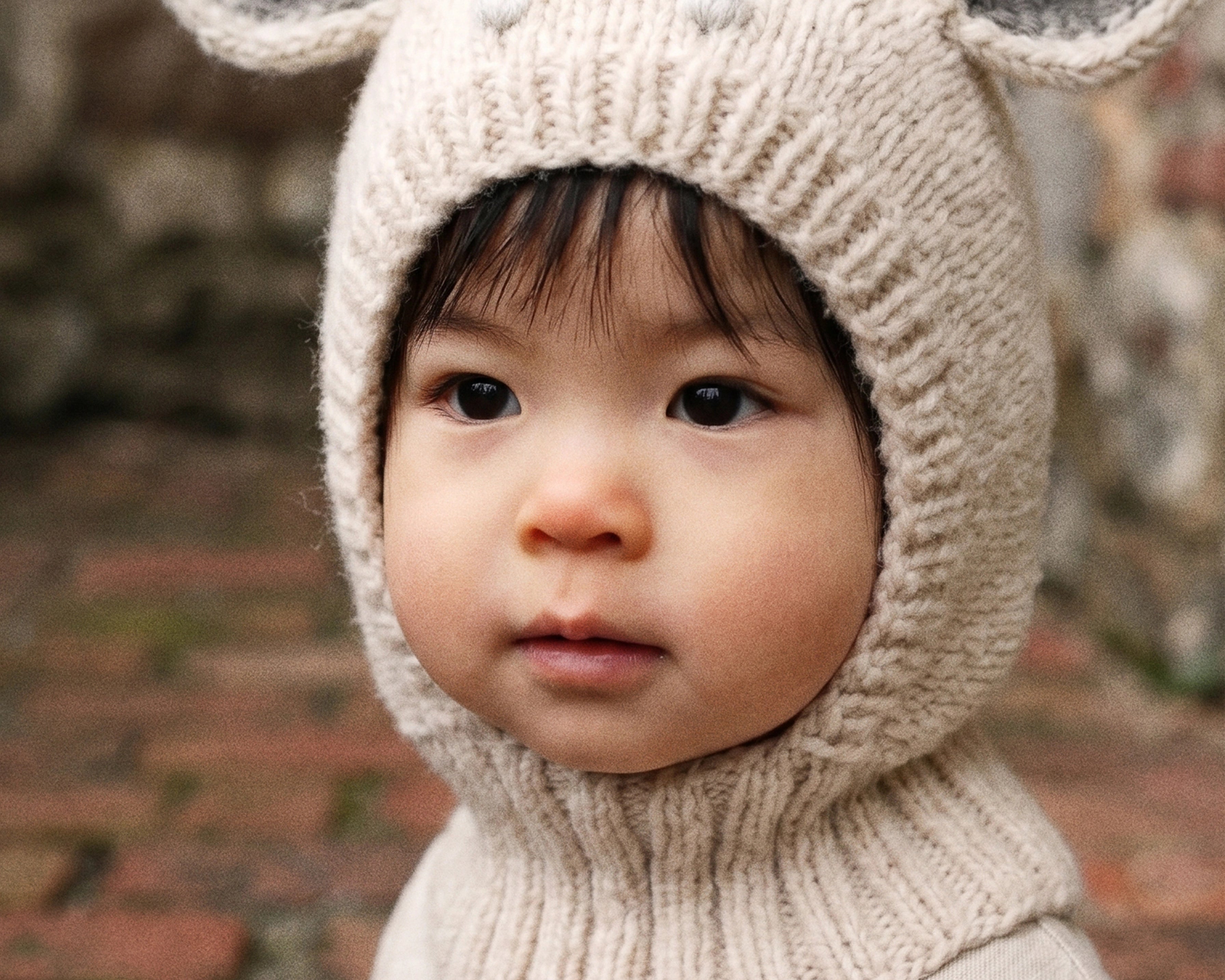 A close-up of a child wearing a beige knitted animal-ear bonnet and matching knit top, photographed outdoors against a blurred stone and brick background.