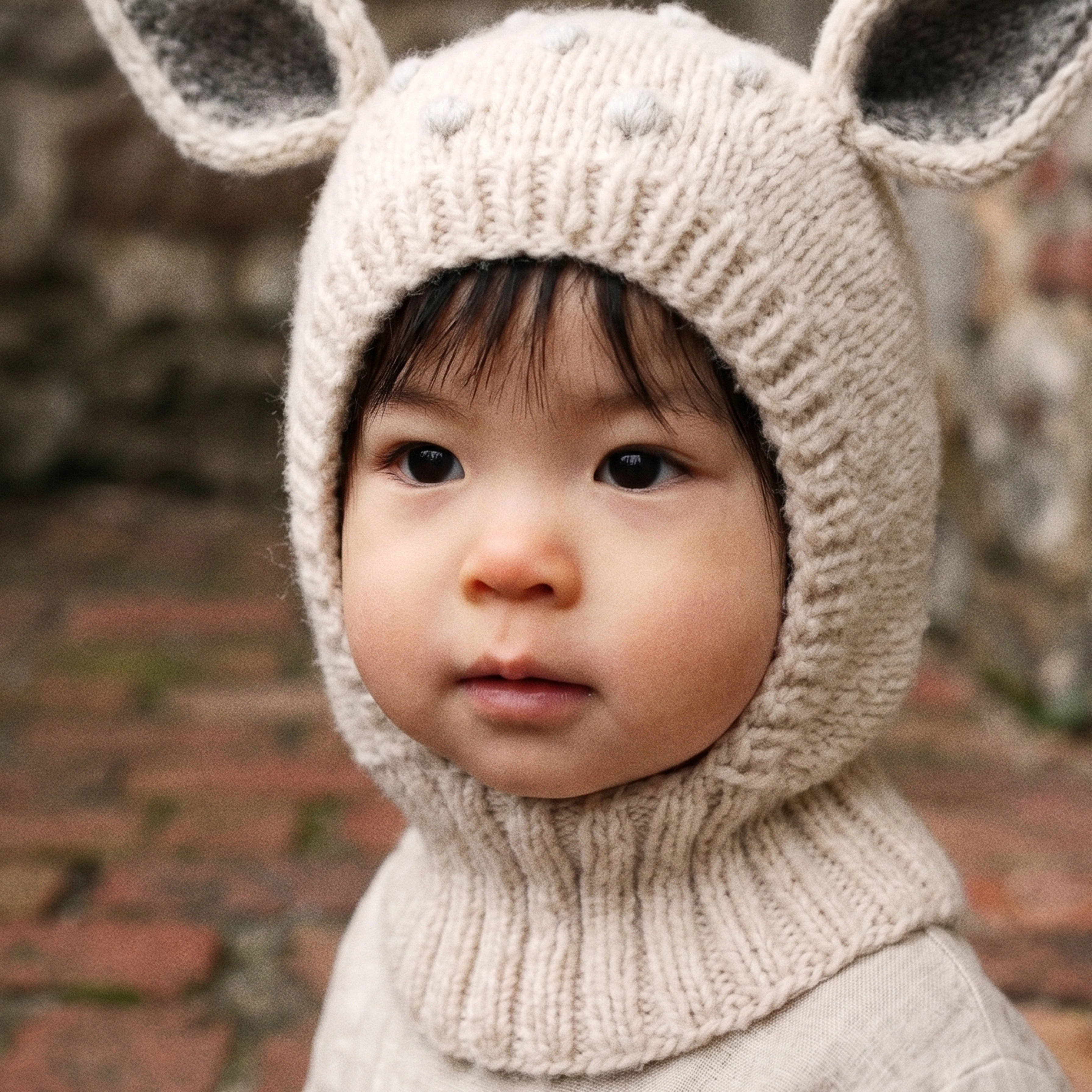 A close-up of a child wearing a beige knitted animal-ear bonnet and matching knit top, photographed outdoors against a blurred stone and brick background.