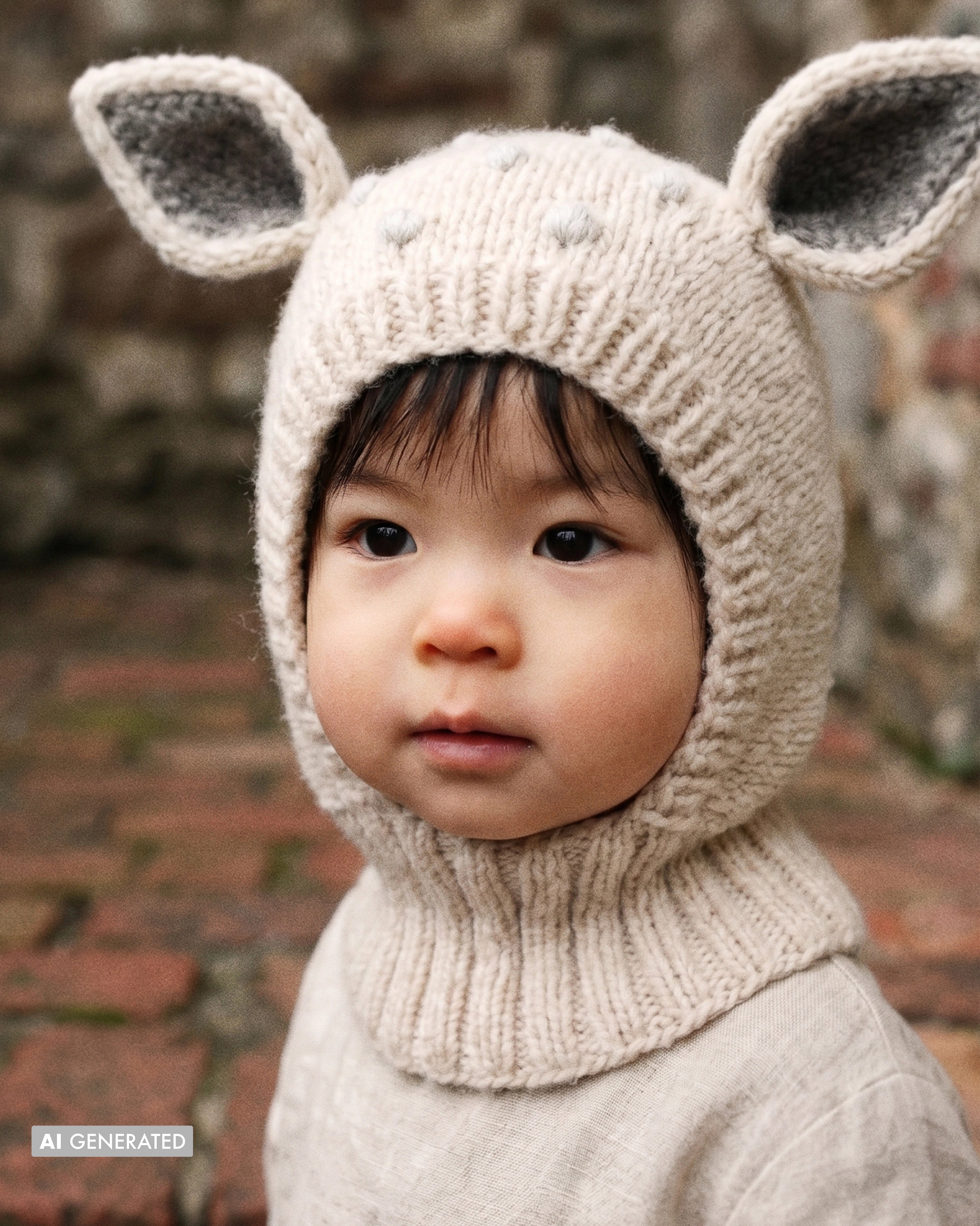 A close-up of a child wearing a beige knitted animal-ear bonnet and matching knit top, photographed outdoors against a blurred stone and brick background.