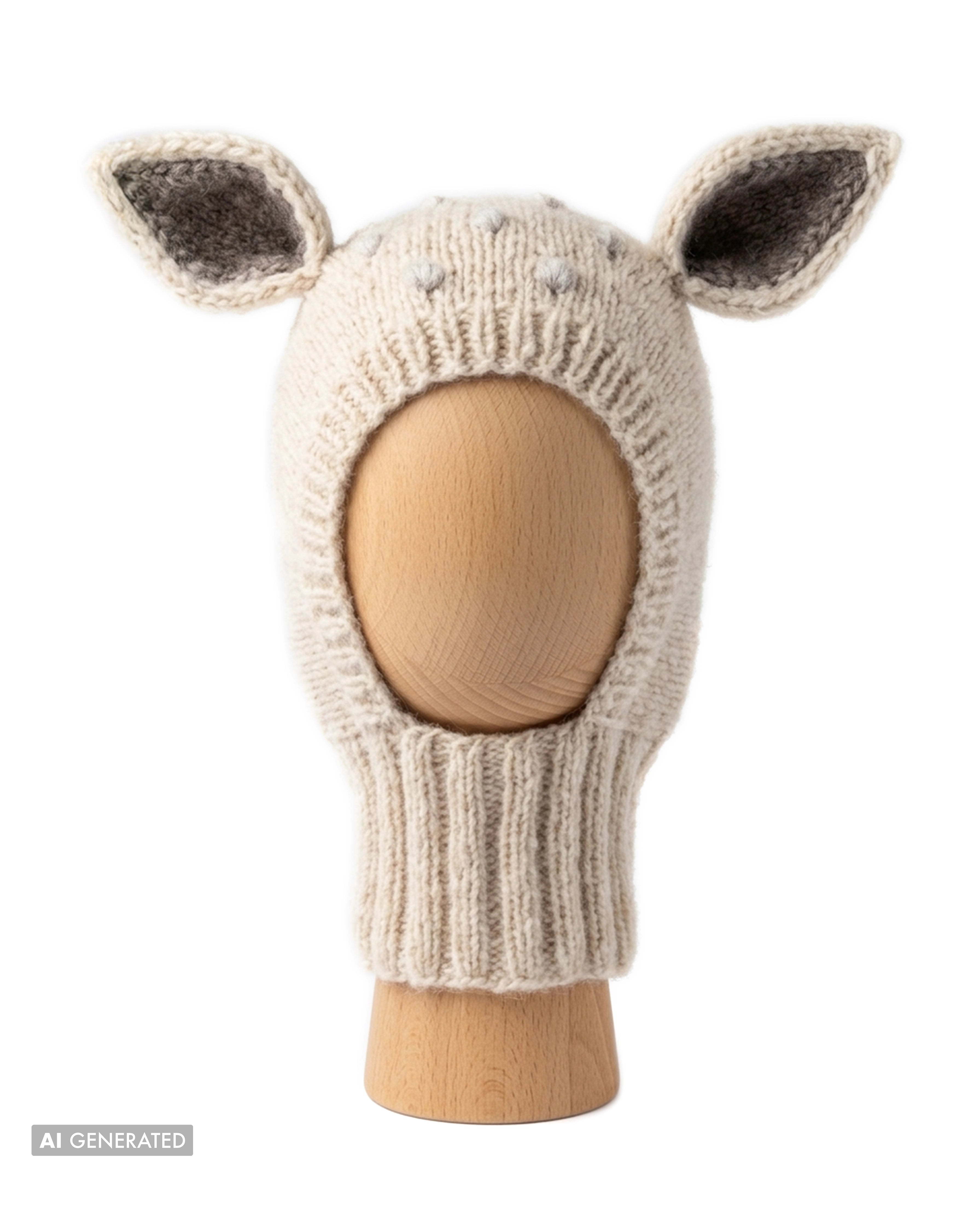 Bambi Balaclava, a knitted balaclava for kids with ears, shown in wheat with pearl grey spots on a wooden display head.