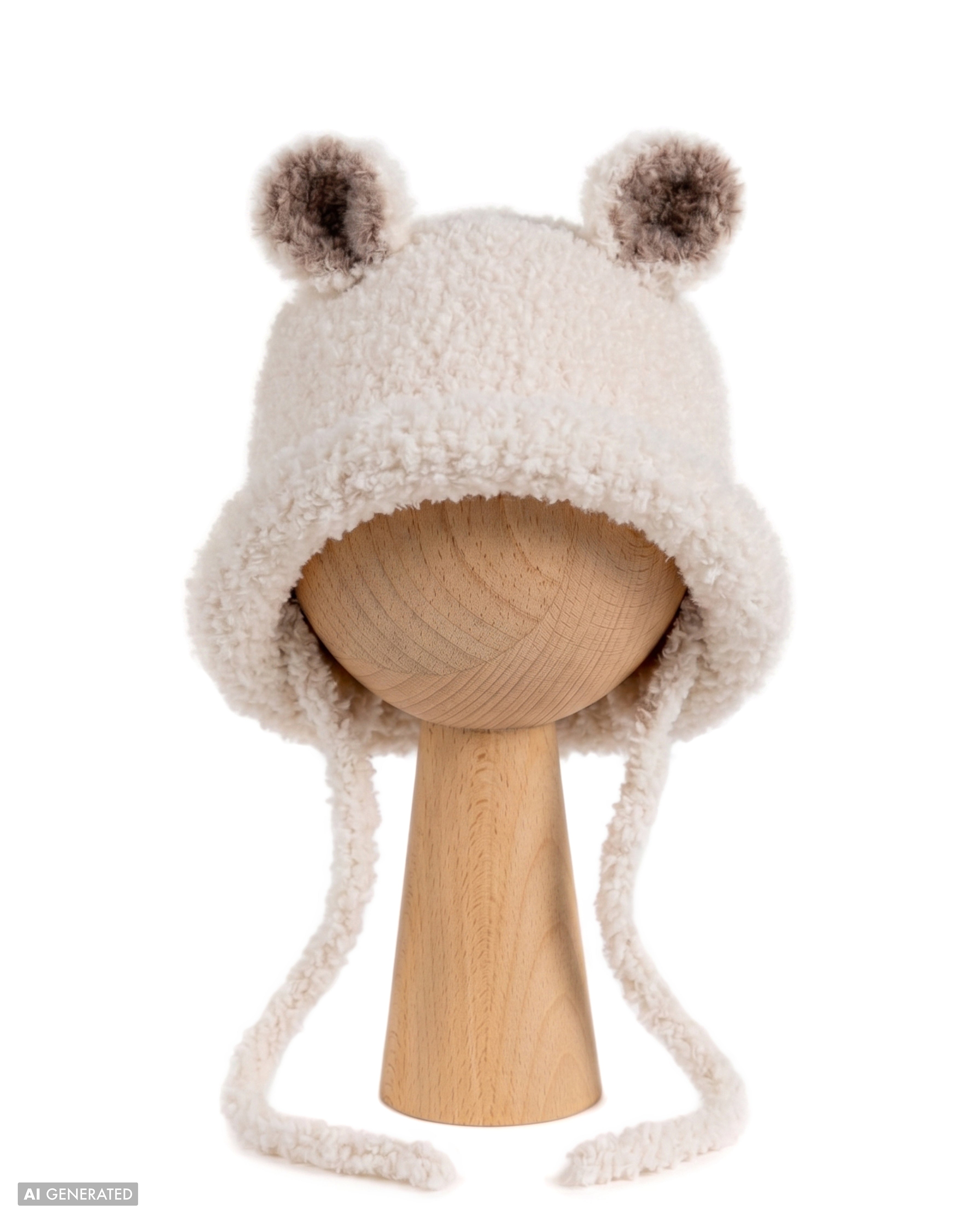 Bucket Bear Hat, a knitted winter hat with bear ears, shown in cream boucle yarn with tie-under-chin closure.