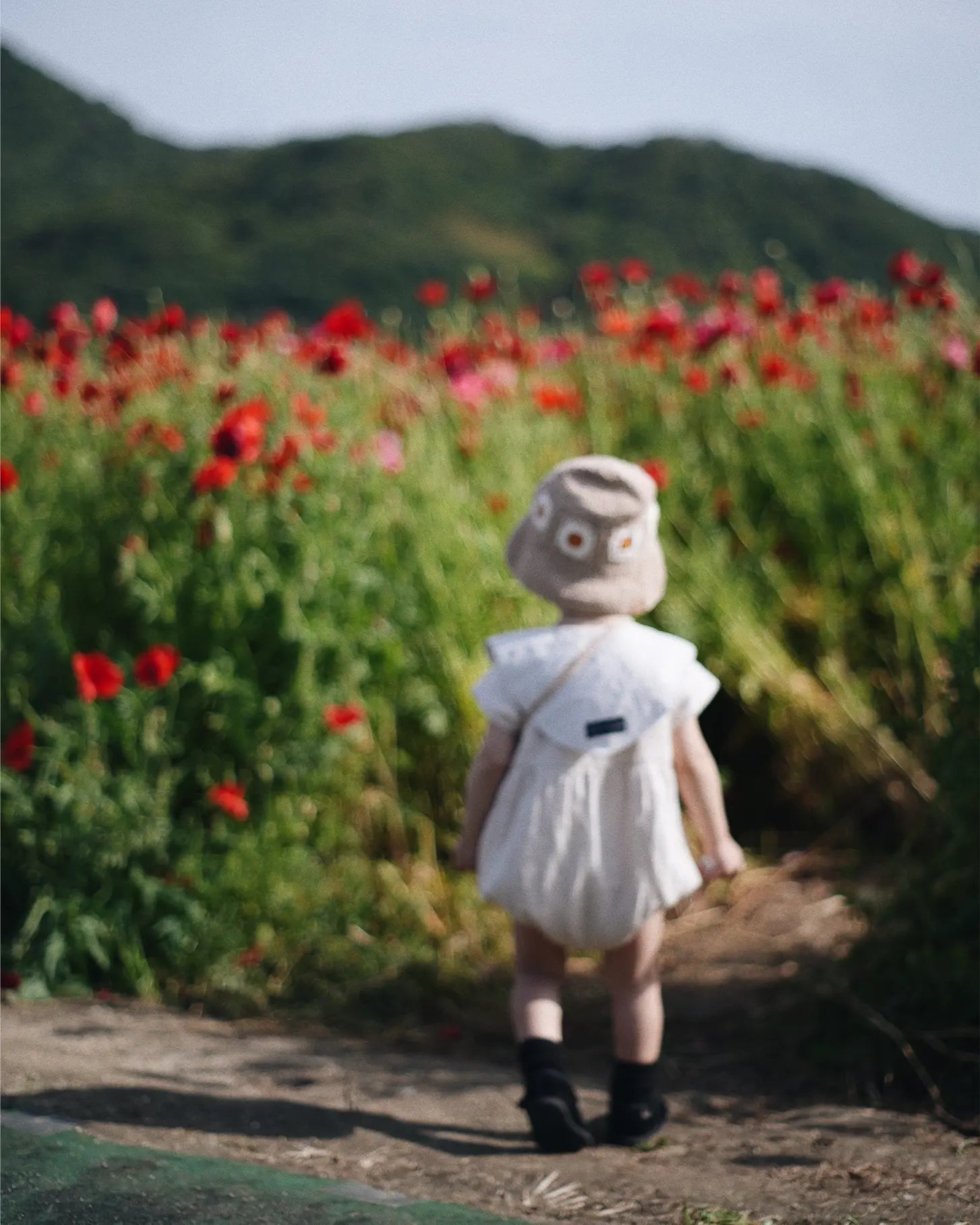 Dziecko od tyłu w beżowym kapeluszu Daisy Sand Dune idące przez kwitnące pole maków | Toddler from behind wearing Sand Dune Daisy crochet hat walking through blooming poppy field