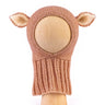 A hand-knit baby hat in a warm tan color, featuring two small pointed ears on the sides, displayed on a light wood mannequin head against a white background.