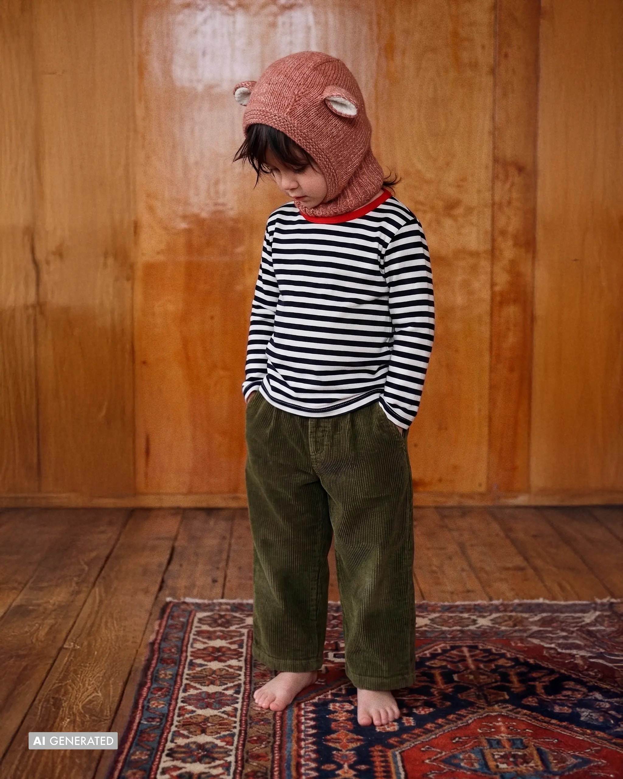 A toddler standing barefoot on a patterned rug in front of a wooden wall, wearing a black and white striped long-sleeve shirt, olive green corduroy pants, and a dusty rose knit hood with bear ears.