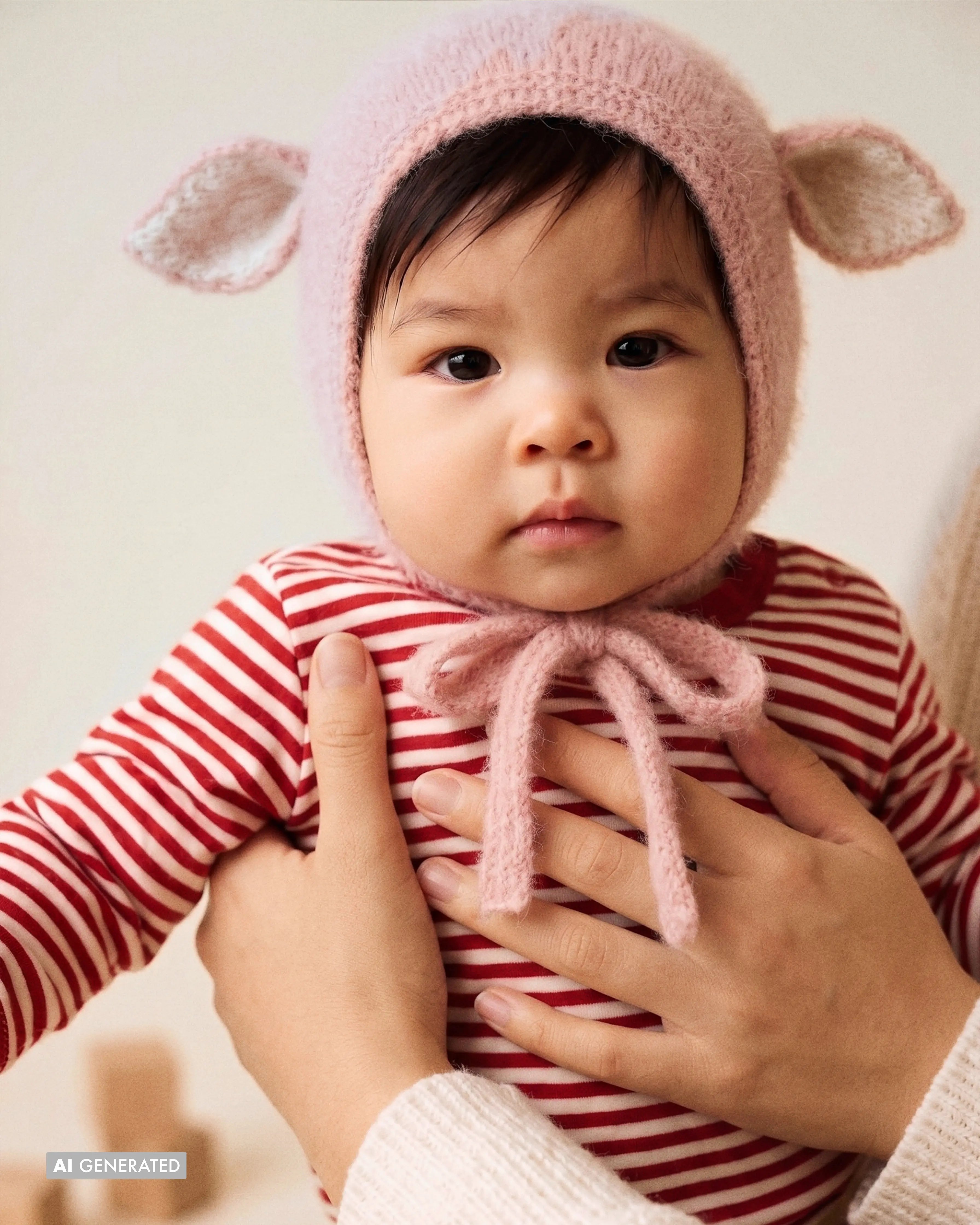 A baby held in a parent's arms wearing the Fairy Hat in Baby Pink, with the soft knitted ties loosely tied under the chin.