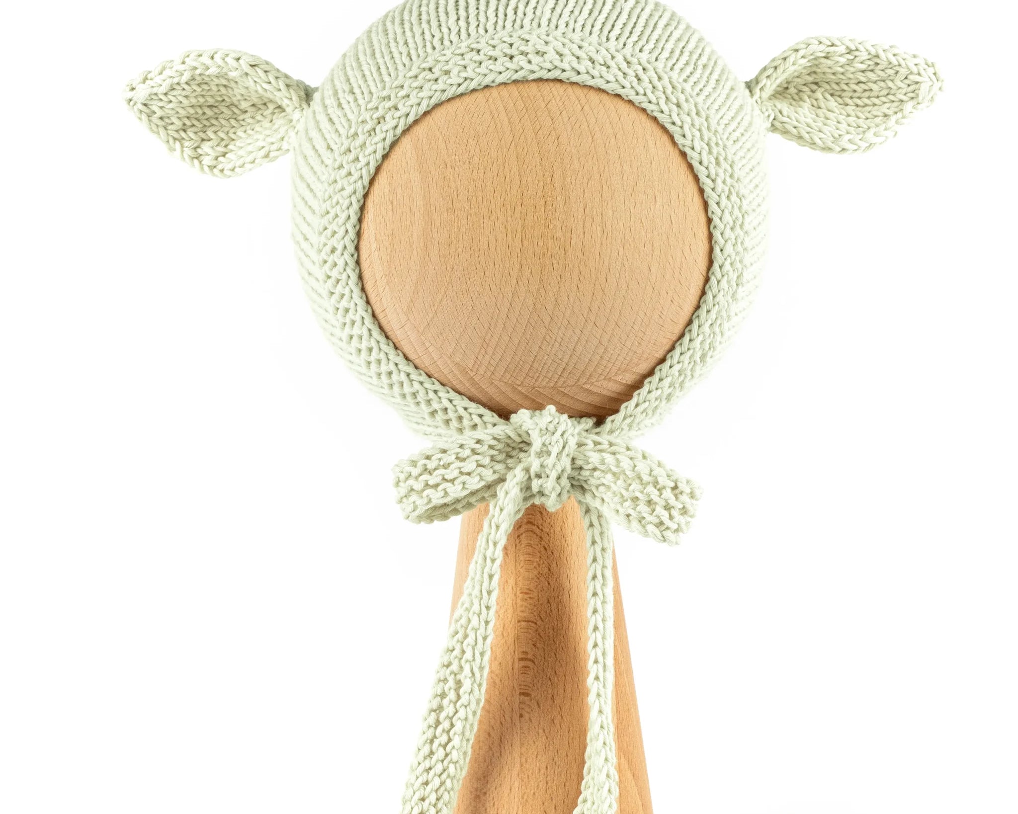 Hand-knitted mint cream organic cotton baby bonnet with cute fairy ears