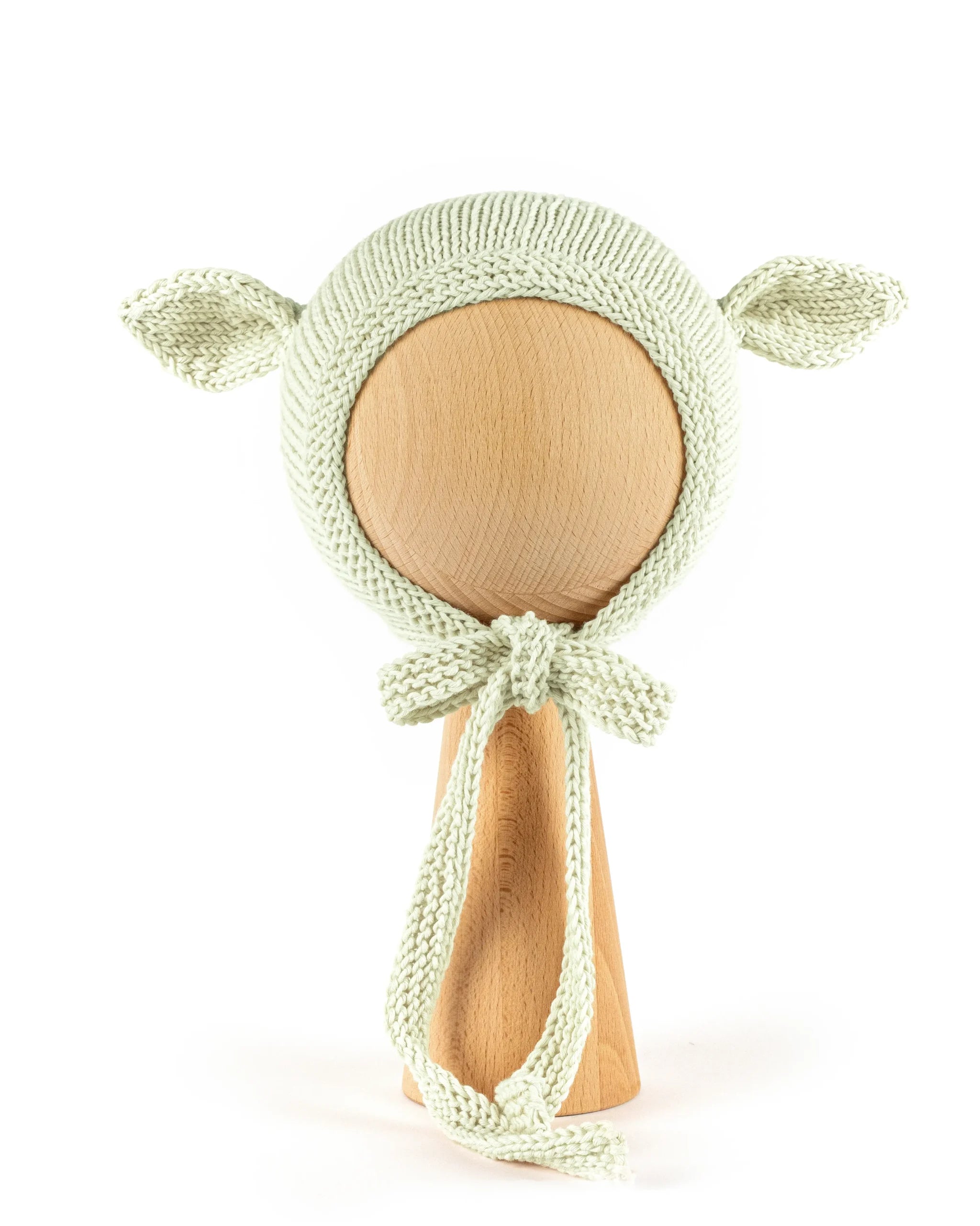 Hand-knitted mint cream organic cotton baby bonnet with cute fairy ears