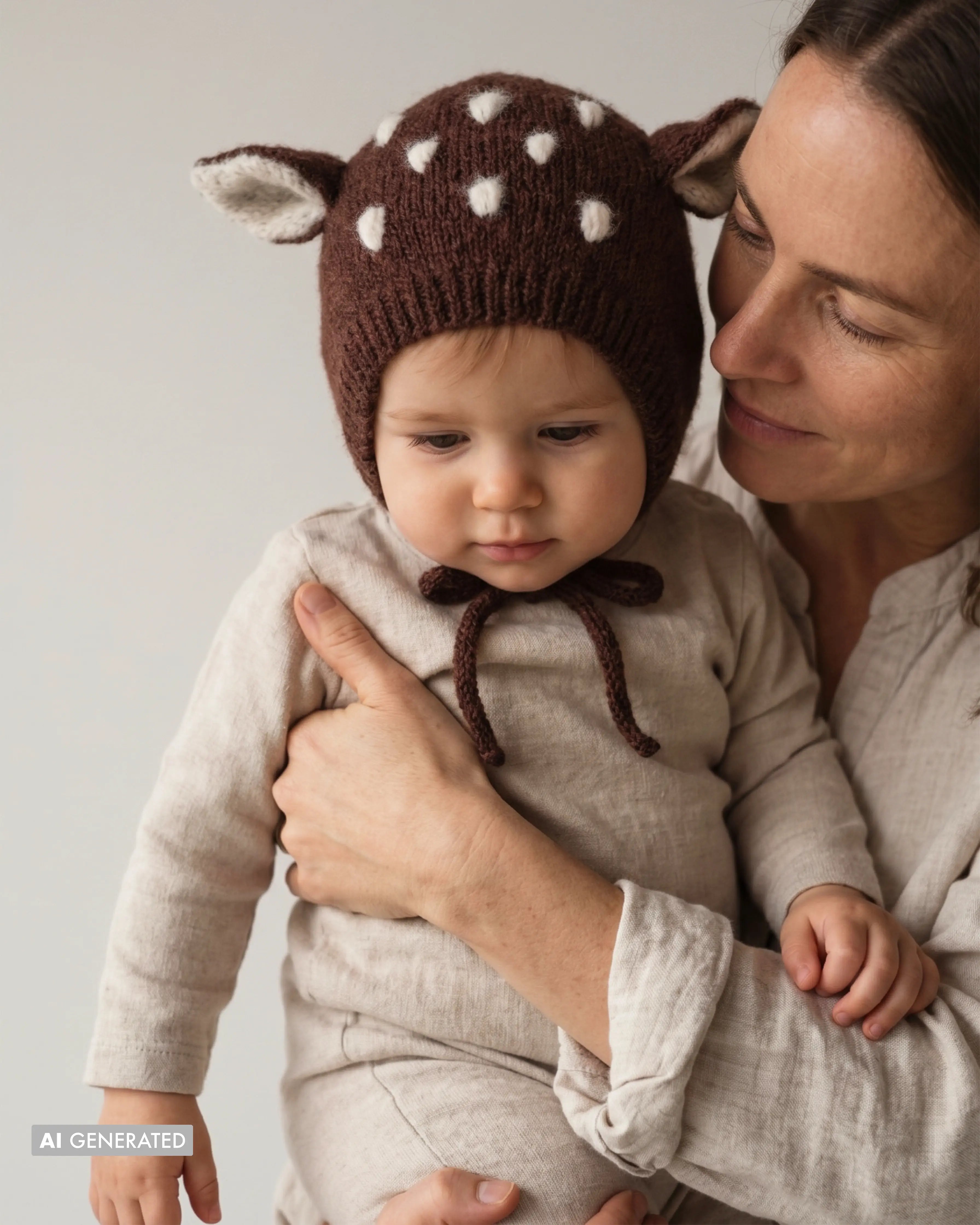Baby in a knitted bonnet with deer ears and white spots, held close by their mother. 
