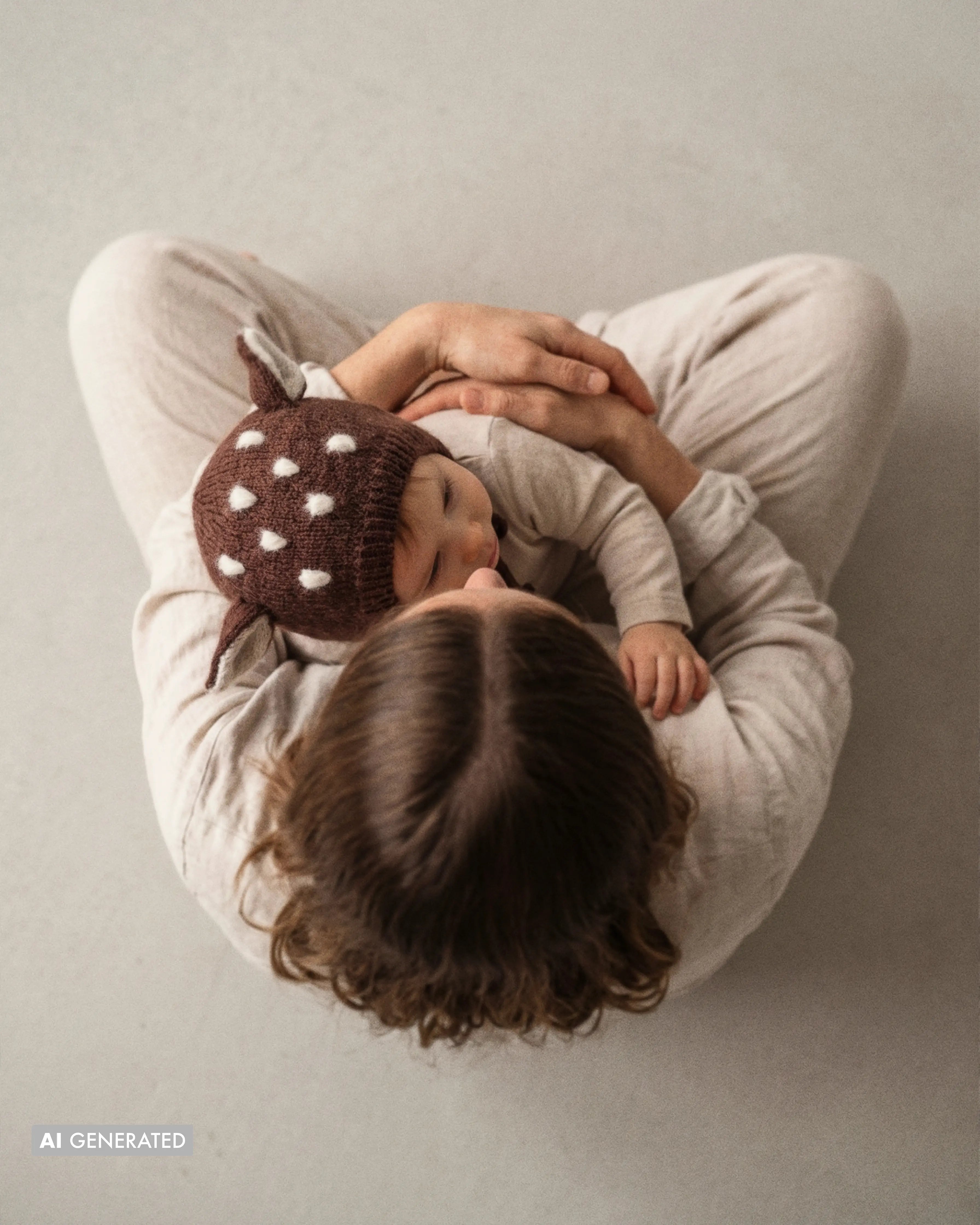 Overhead view of a mother sitting cross-legged holding a baby in a knitted bonnet with deer ears.